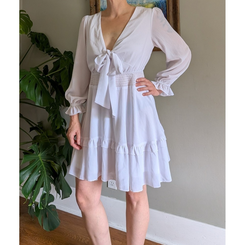 White Flowy Tie Front Dress Sheer Back Long Sleeve Boho Beachy Ethereal Fairy